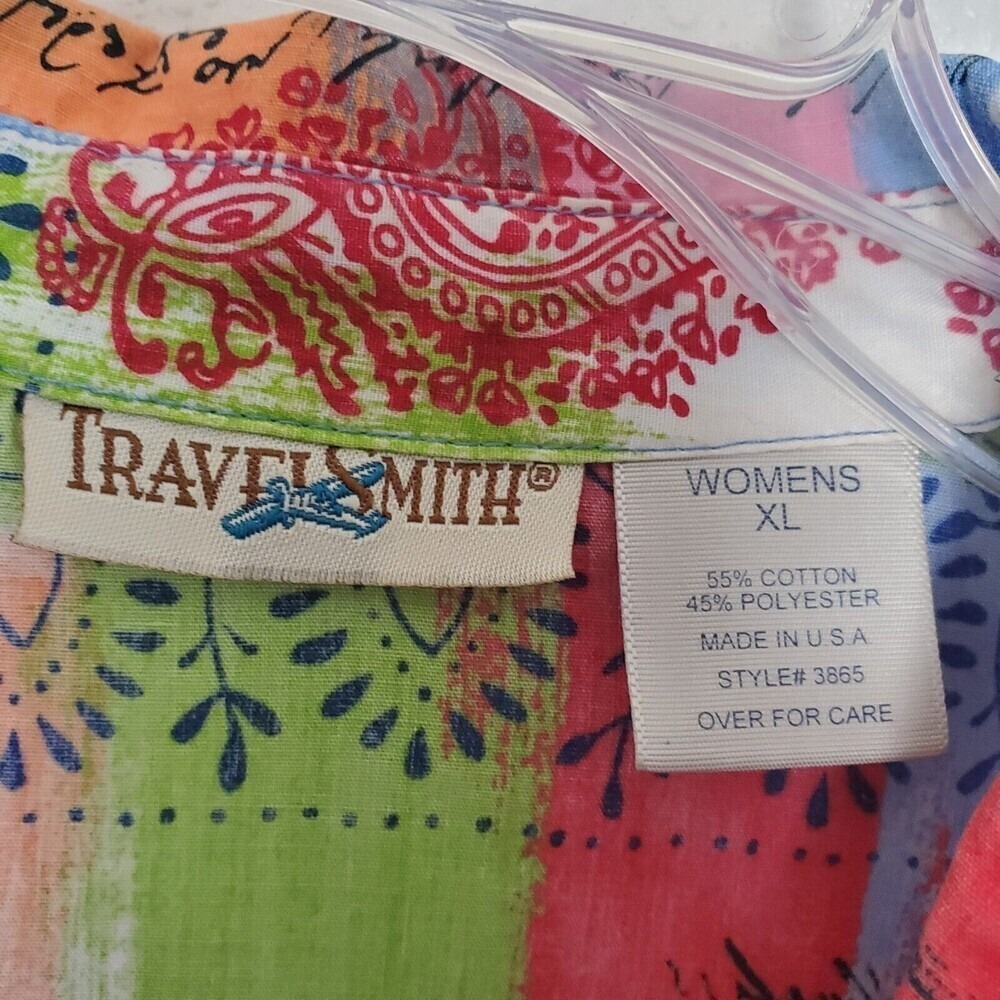TravelSmith Womens XL Abstract Paisley Script Print Button Up Shirt Multi-Color - Picture 4 of 14